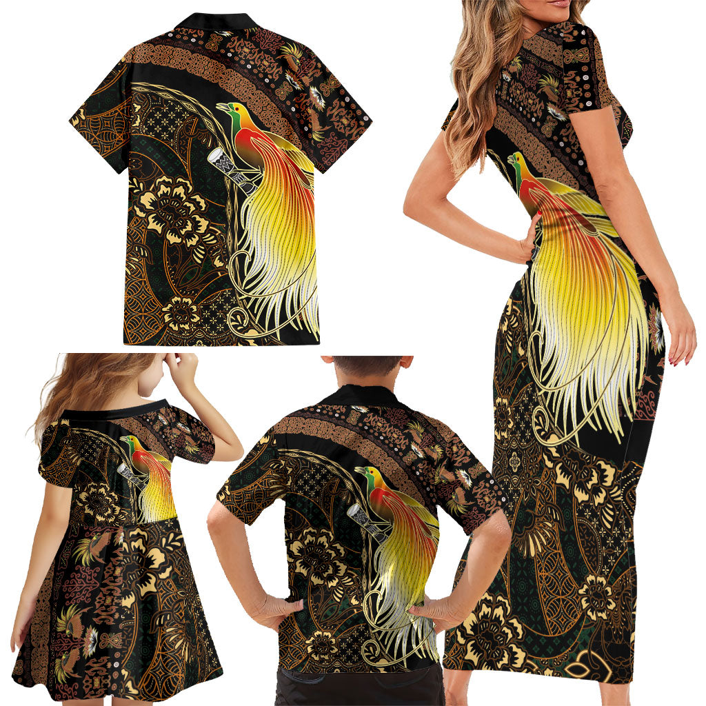 Papua New Guinea and Indonesia Batik Family Matching Short Sleeve Bodycon Dress and Hawaiian Shirt Bird of Paradise with Tribal Batik Patterns