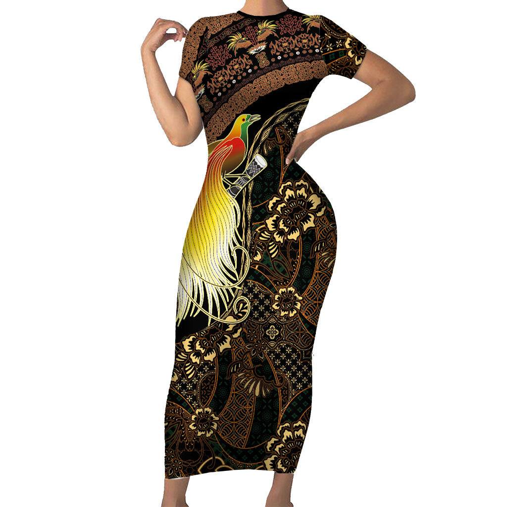 Papua New Guinea and Indonesia Batik Family Matching Short Sleeve Bodycon Dress and Hawaiian Shirt Bird of Paradise with Tribal Batik Patterns