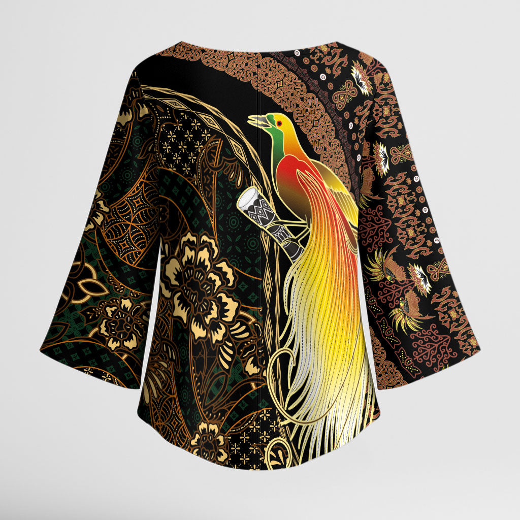 Papua New Guinea and Indonesia Batik Kimono Sleeve Blouse Bird of Paradise with Tribal Batik Patterns