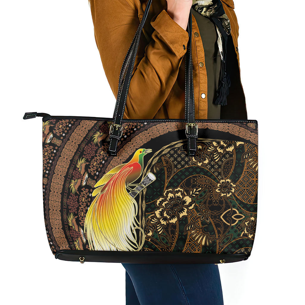 Papua New Guinea and Indonesia Batik Leather Tote Bag Bird of Paradise with Tribal Batik Patterns