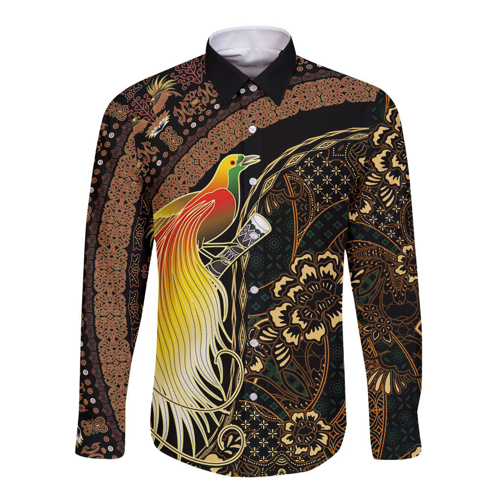 Papua New Guinea and Indonesia Batik Long Sleeve Button Shirt Bird of Paradise with Tribal Batik Patterns