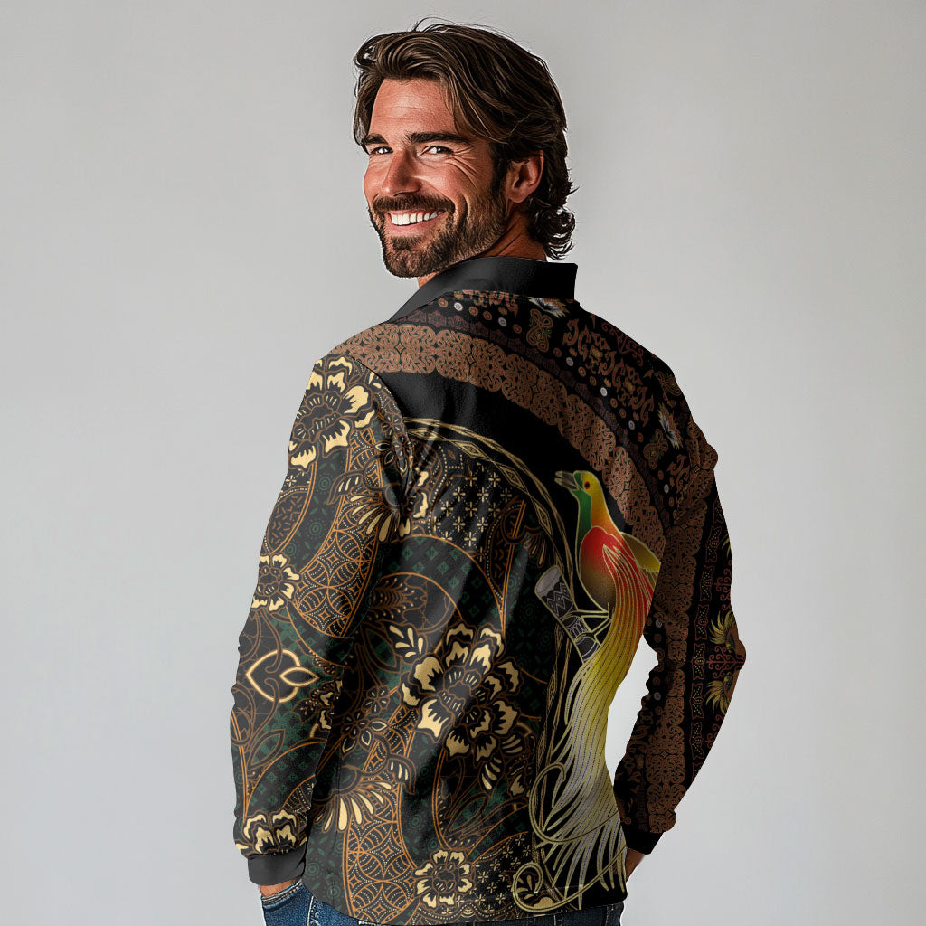 Papua New Guinea and Indonesia Batik Long Sleeve Polo Shirt Bird of Paradise with Tribal Batik Patterns