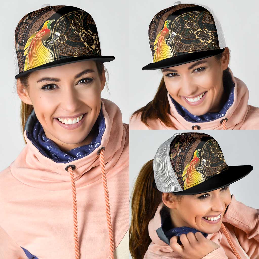 Papua New Guinea and Indonesia Batik Mesh Trucker Cap Bird of Paradise with Tribal Batik Patterns