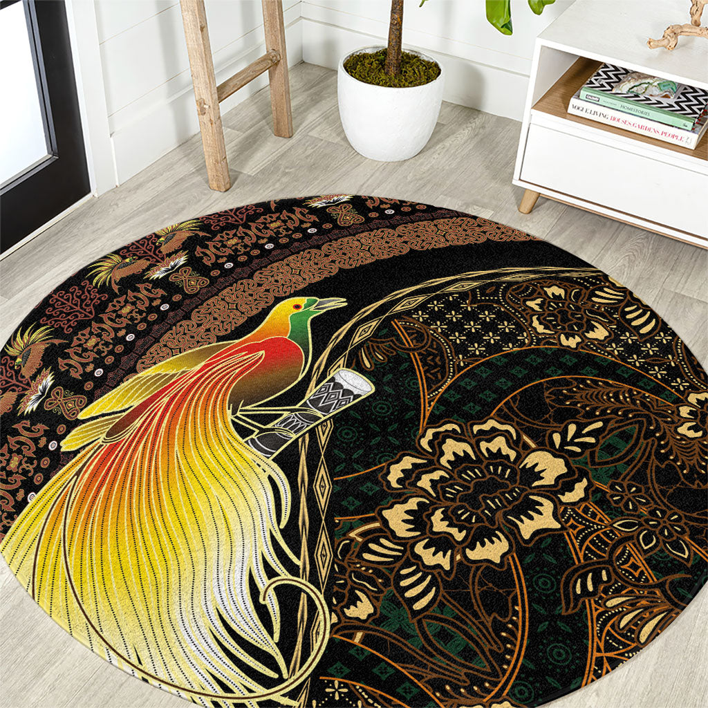 Papua New Guinea and Indonesia Batik Round Carpet Bird of Paradise with Tribal Batik Patterns