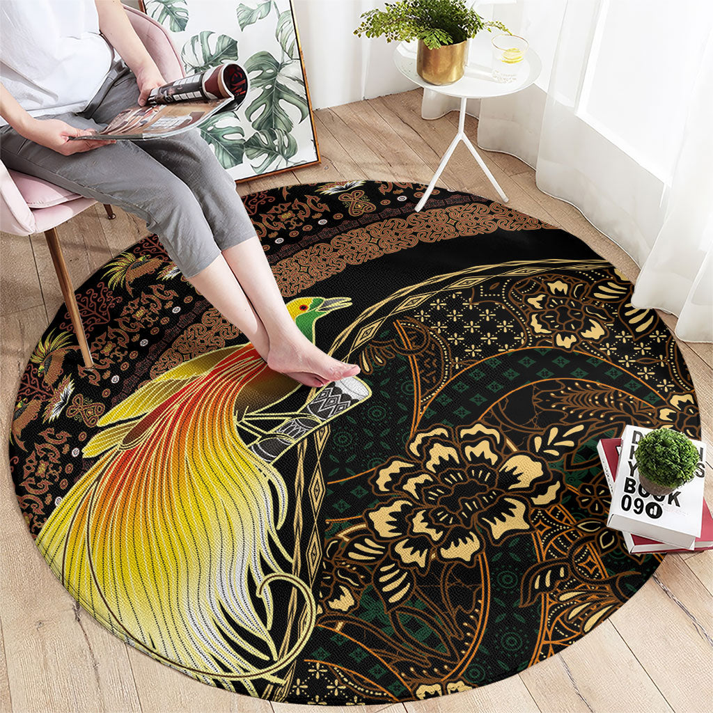 Papua New Guinea and Indonesia Batik Round Carpet Bird of Paradise with Tribal Batik Patterns