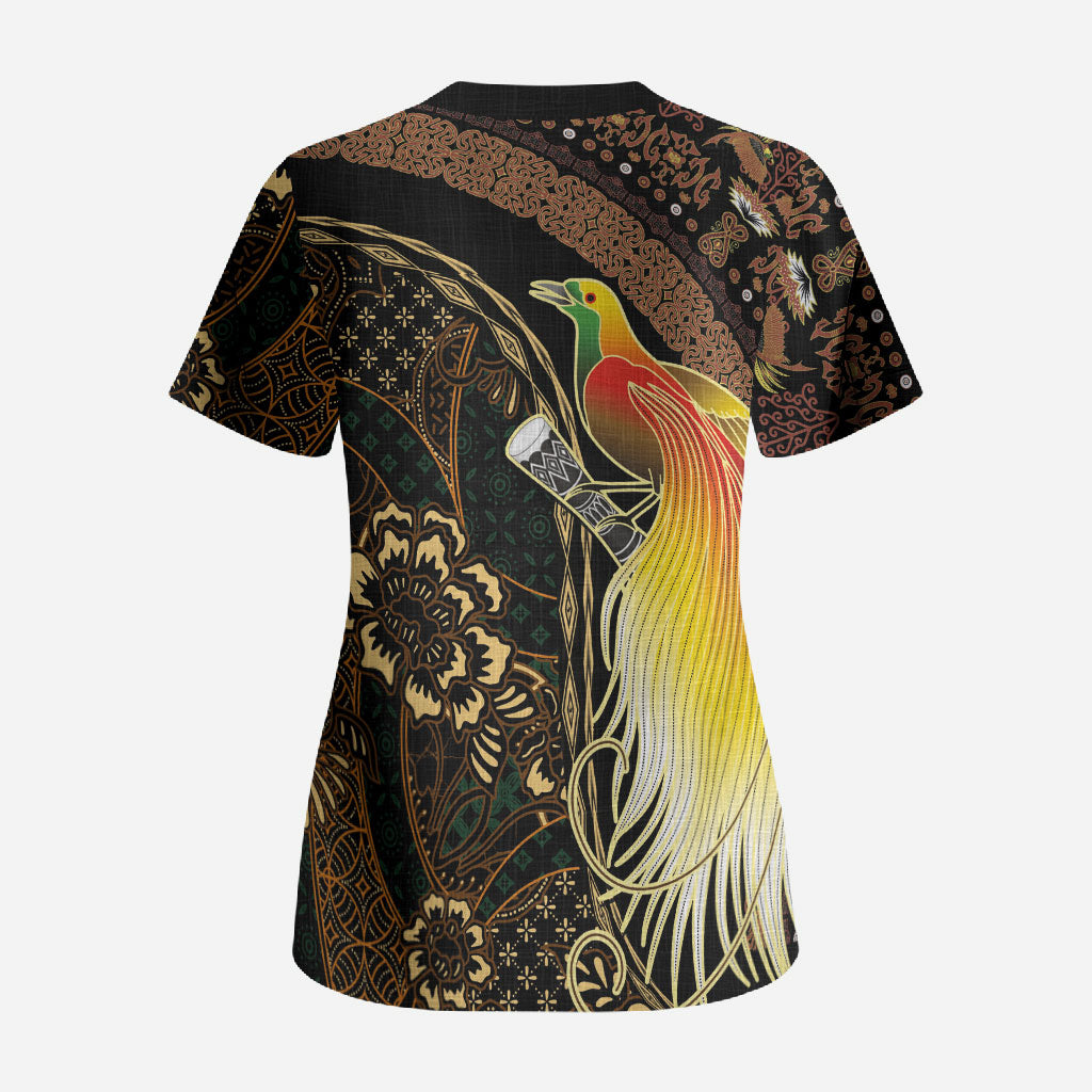 Papua New Guinea and Indonesia Batik Scrub Top Bird of Paradise with Tribal Batik Patterns