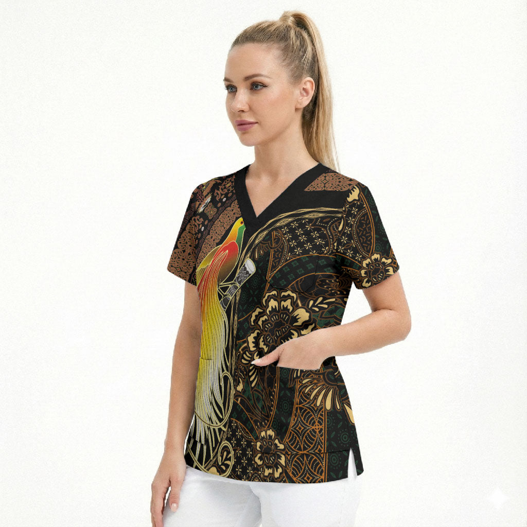 Papua New Guinea and Indonesia Batik Scrub Top Bird of Paradise with Tribal Batik Patterns