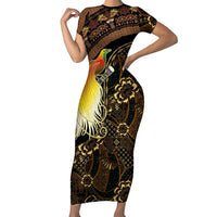 Papua New Guinea and Indonesia Batik Short Sleeve Bodycon Dress Bird of Paradise with Tribal Batik Patterns