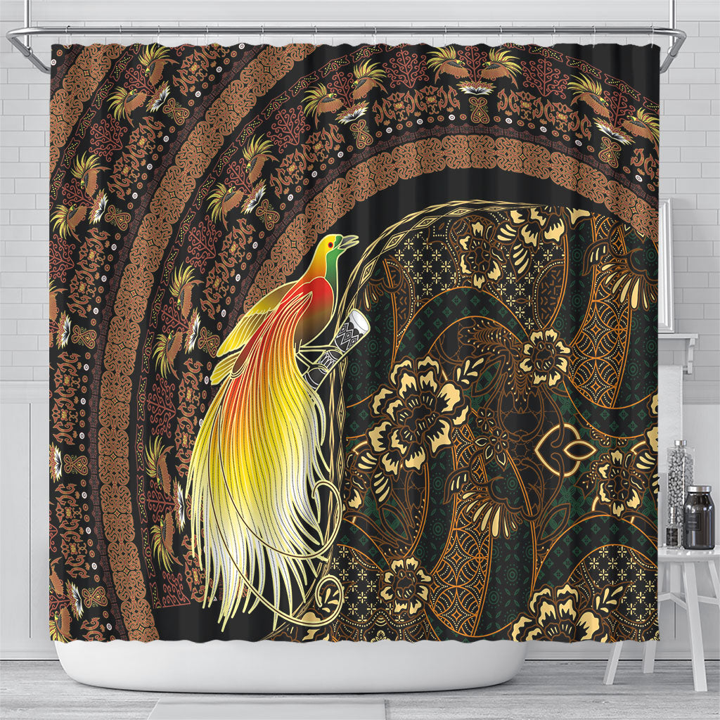 Papua New Guinea and Indonesia Batik Shower Curtain Bird of Paradise with Tribal Batik Patterns
