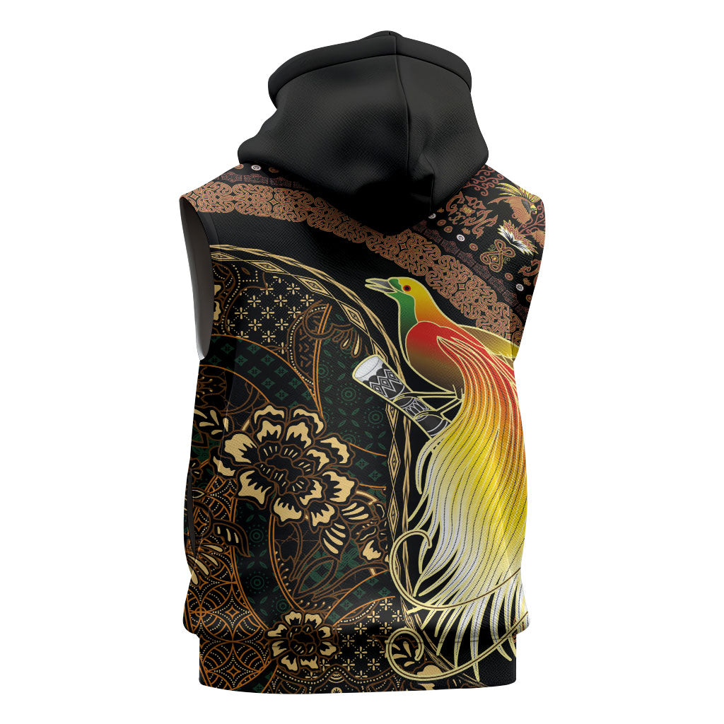Papua New Guinea and Indonesia Batik Sleeveless Hoodie Bird of Paradise with Tribal Batik Patterns