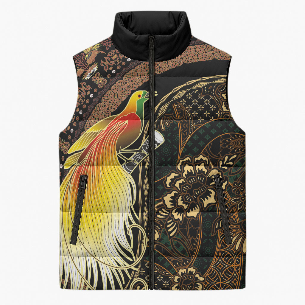 Papua New Guinea and Indonesia Batik Sleeveless Puffer Jacket Bird of Paradise with Tribal Batik Patterns