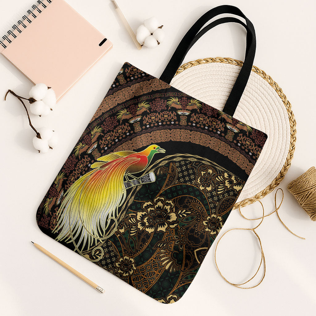 Papua New Guinea and Indonesia Batik Tote Bag Bird of Paradise with Tribal Batik Patterns