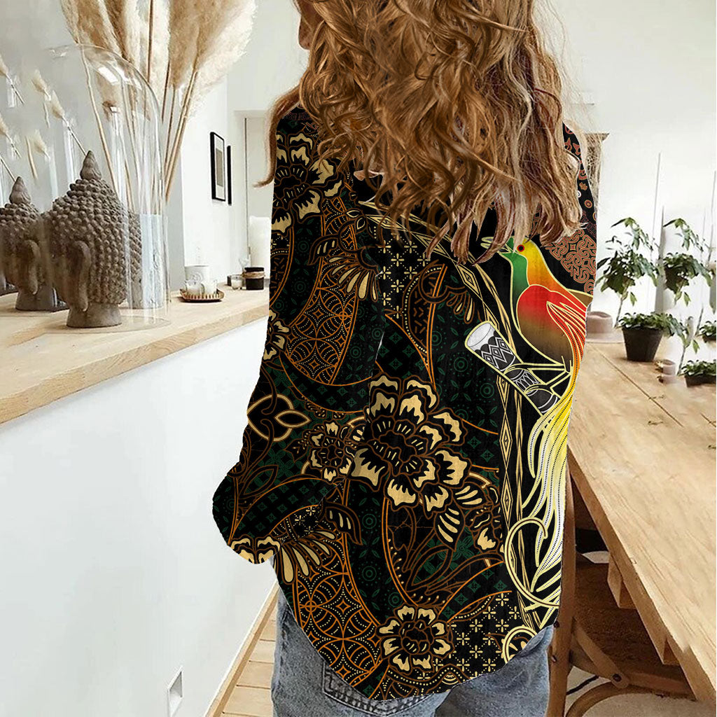 Papua New Guinea and Indonesia Batik Women Casual Shirt Bird of Paradise with Tribal Batik Patterns