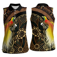 Papua New Guinea and Indonesia Batik Women Sleeveless Polo Shirt Bird of Paradise with Tribal Batik Patterns
