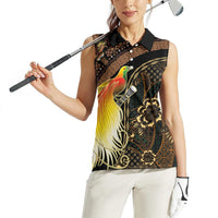 Papua New Guinea and Indonesia Batik Women Sleeveless Polo Shirt Bird of Paradise with Tribal Batik Patterns