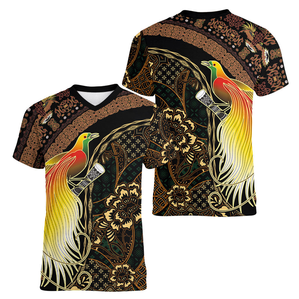 Papua New Guinea and Indonesia Batik Women V-Neck T-Shirt Bird of Paradise with Tribal Batik Patterns