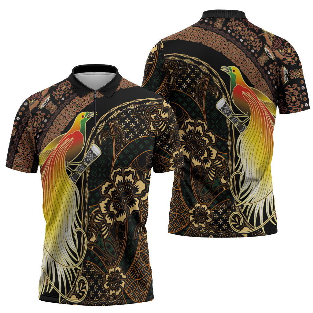 Papua New Guinea and Indonesia Batik Zipper Polo Shirt Bird of Paradise with Tribal Batik Patterns