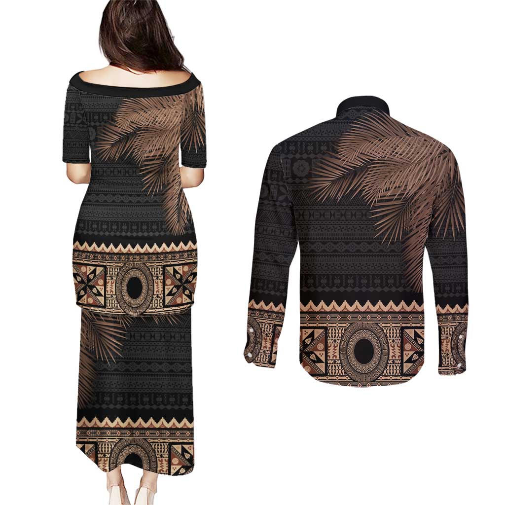 Fiji Palm Leaves Couples Matching Puletasi and Long Sleeve Button Shirt Masi and Tapa Tribal Pattern Beige Color