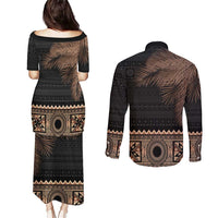 Fiji Palm Leaves Couples Matching Puletasi and Long Sleeve Button Shirt Masi and Tapa Tribal Pattern Beige Color