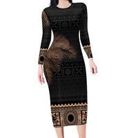 Fiji Palm Leaves Family Matching Long Sleeve Bodycon Dress and Hawaiian Shirt Masi and Tapa Tribal Pattern Beige Color
