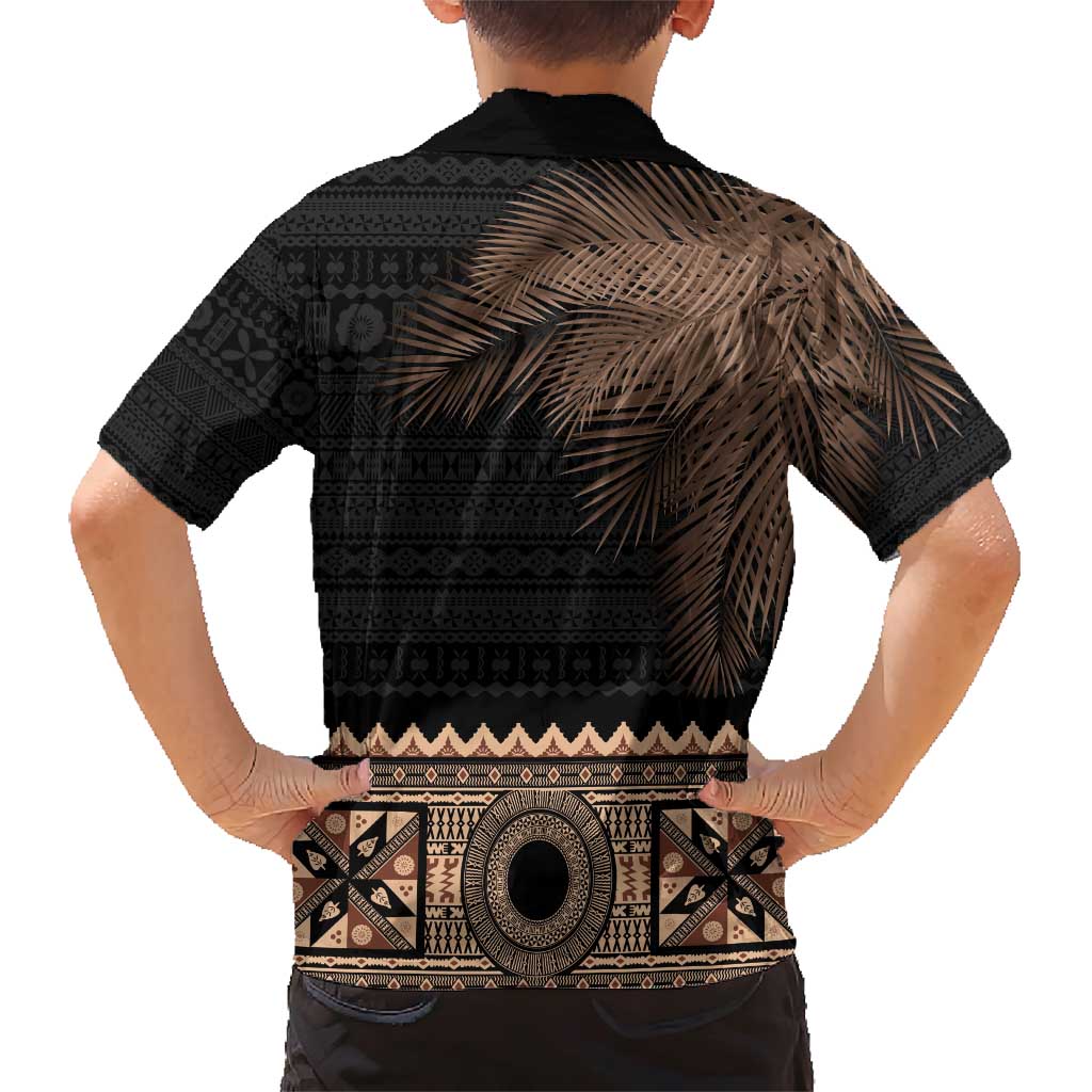 Fiji Palm Leaves Family Matching Short Sleeve Bodycon Dress and Hawaiian Shirt Masi and Tapa Tribal Pattern Beige Color