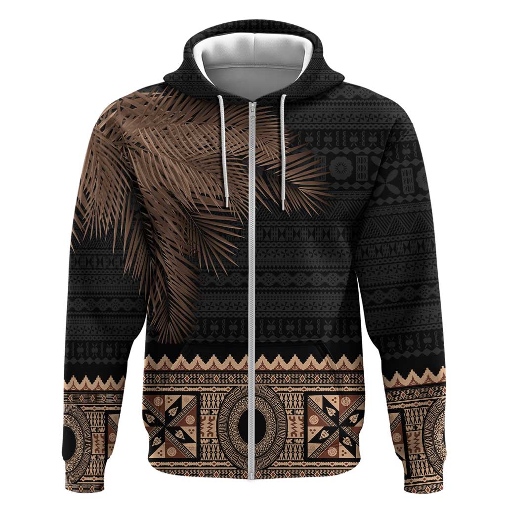 Fiji Palm Leaves Hoodie Masi and Tapa Tribal Pattern Beige Color LT03 Zip Hoodie Beige - Polynesian Pride