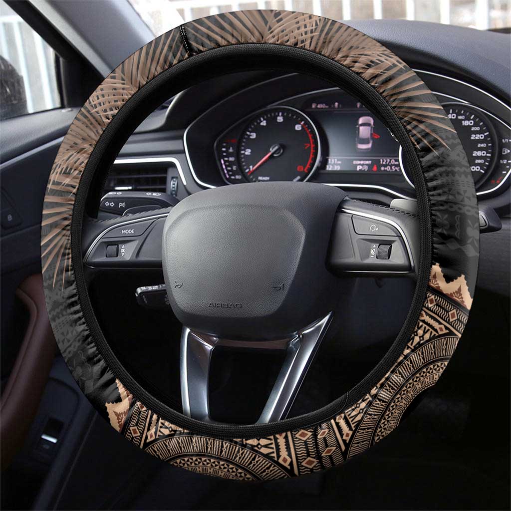 Fiji Palm Leaves Steering Wheel Cover Masi and Tapa Tribal Pattern Beige Color LT03 - Polynesian Pride