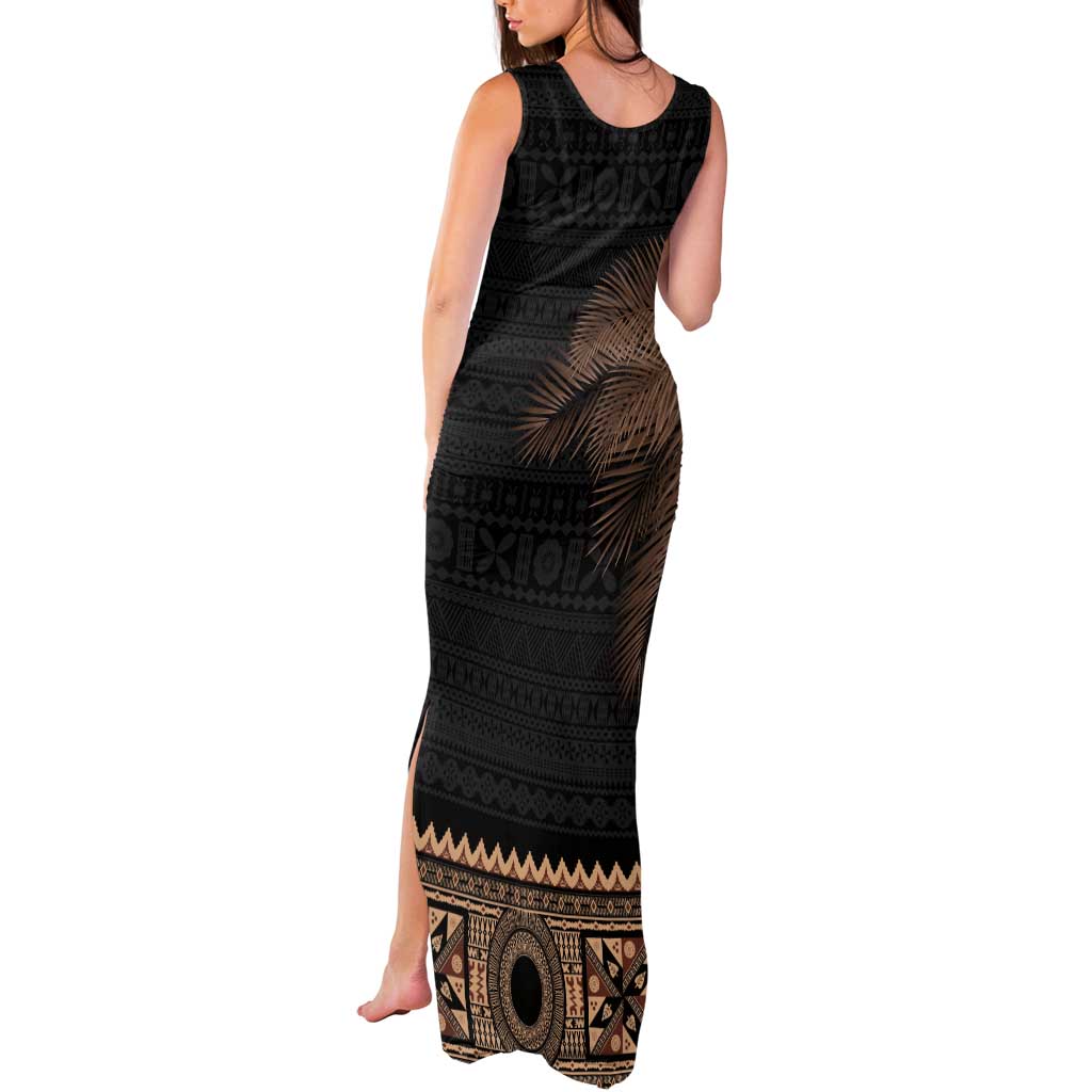 Fiji Palm Leaves Tank Maxi Dress Masi and Tapa Tribal Pattern Beige Color