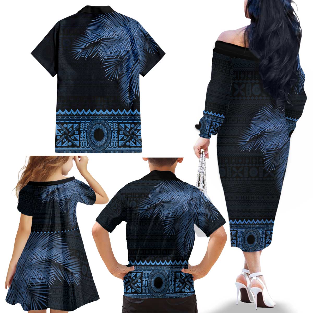 Fiji Palm Leaves Family Matching Off The Shoulder Long Sleeve Dress and Hawaiian Shirt Masi and Tapa Tribal Pattern Blue Color