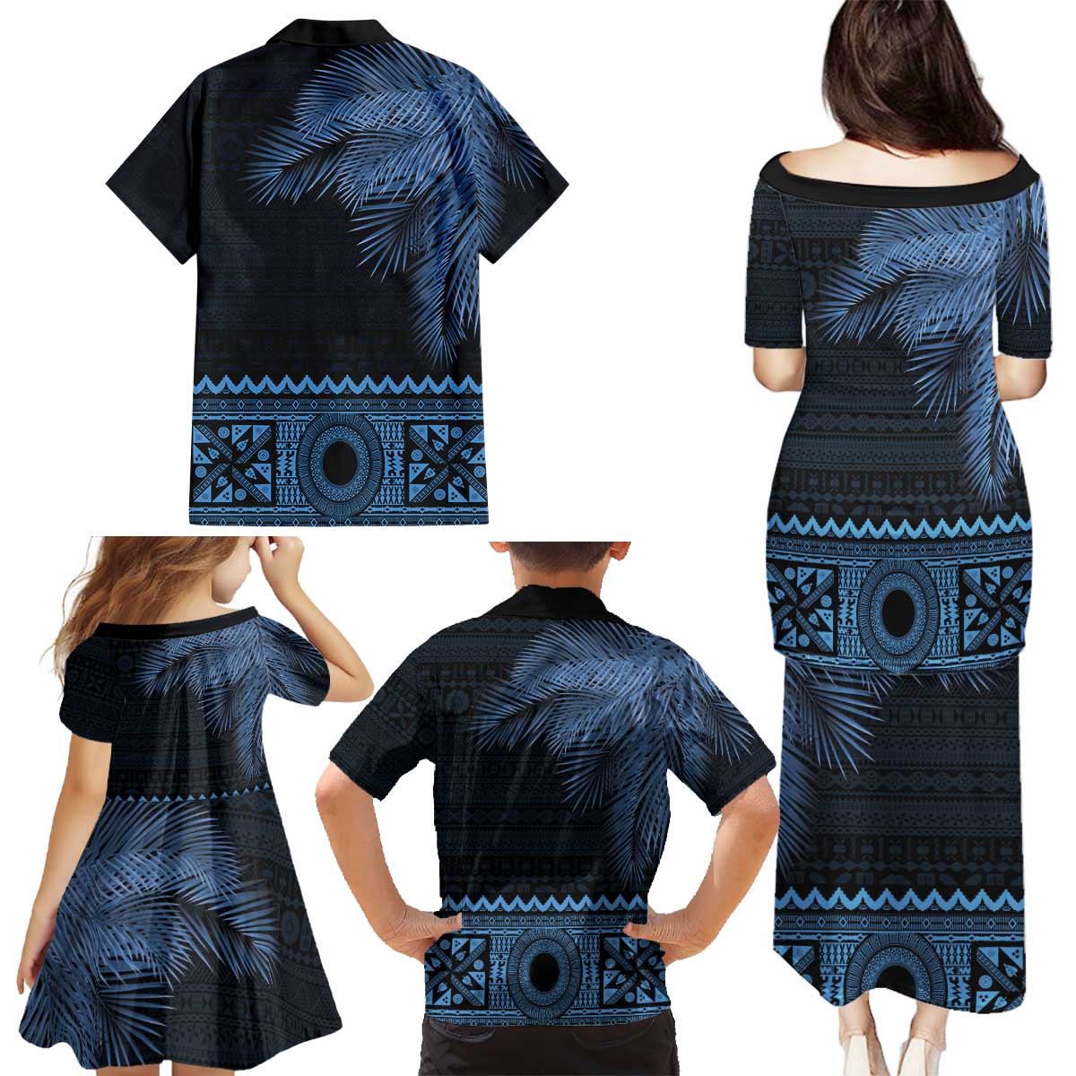 Fiji Palm Leaves Family Matching Puletasi and Hawaiian Shirt Masi and Tapa Tribal Pattern Blue Color