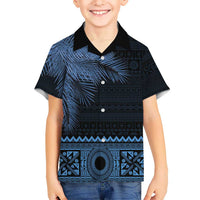 Fiji Palm Leaves Hawaiian Shirt Masi and Tapa Tribal Pattern Blue Color