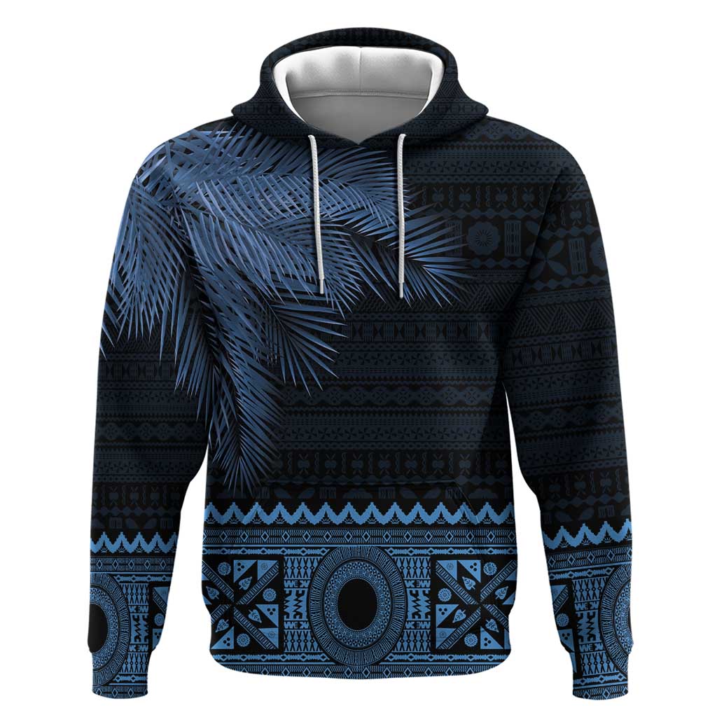 Fiji Palm Leaves Hoodie Masi and Tapa Tribal Pattern Blue Color LT03 Pullover Hoodie Blue - Polynesian Pride