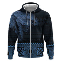 Fiji Palm Leaves Hoodie Masi and Tapa Tribal Pattern Blue Color LT03 Zip Hoodie Blue - Polynesian Pride