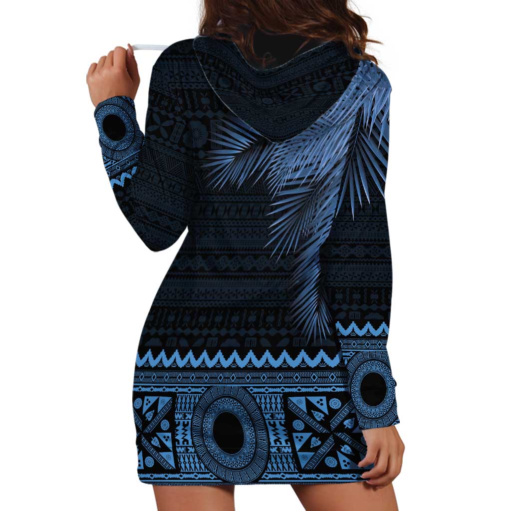 Fiji Palm Leaves Hoodie Dress Masi and Tapa Tribal Pattern Blue Color