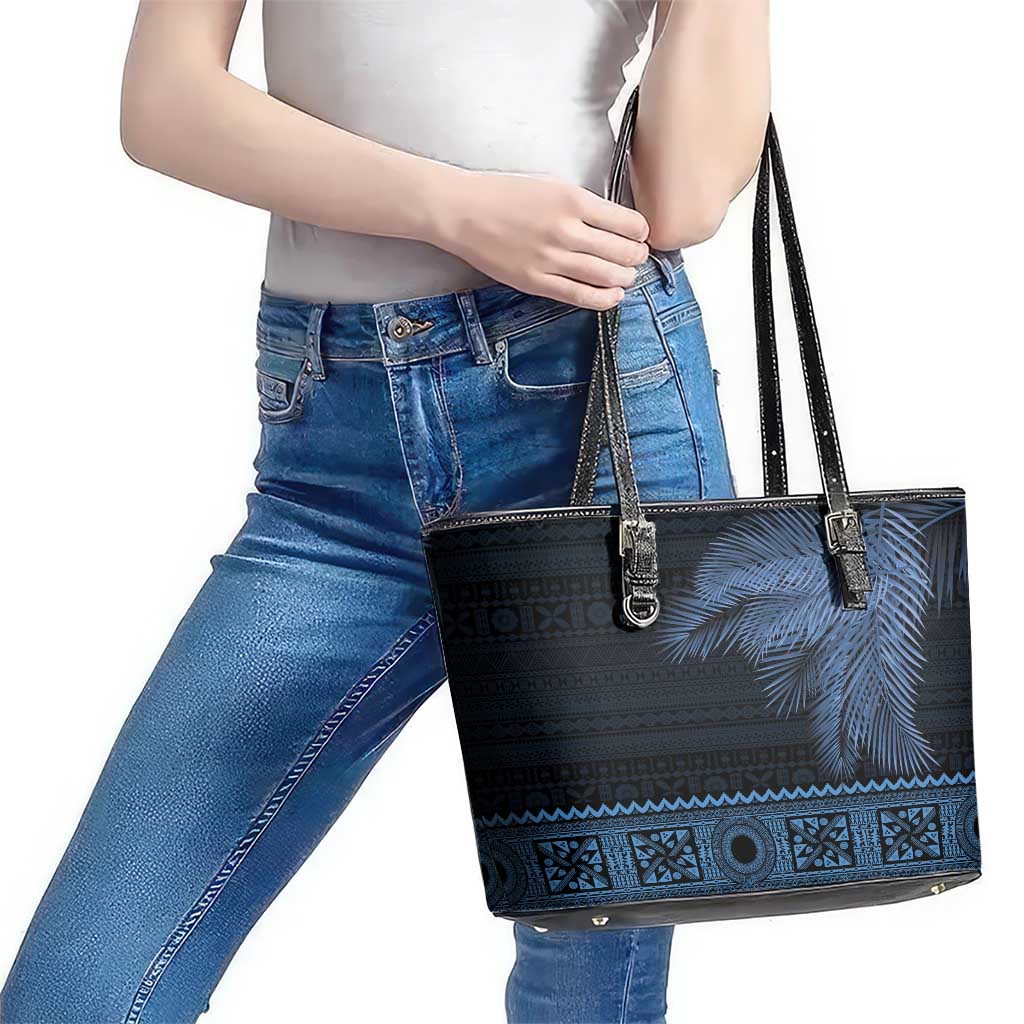 Fiji Palm Leaves Leather Tote Bag Masi and Tapa Tribal Pattern Blue Color