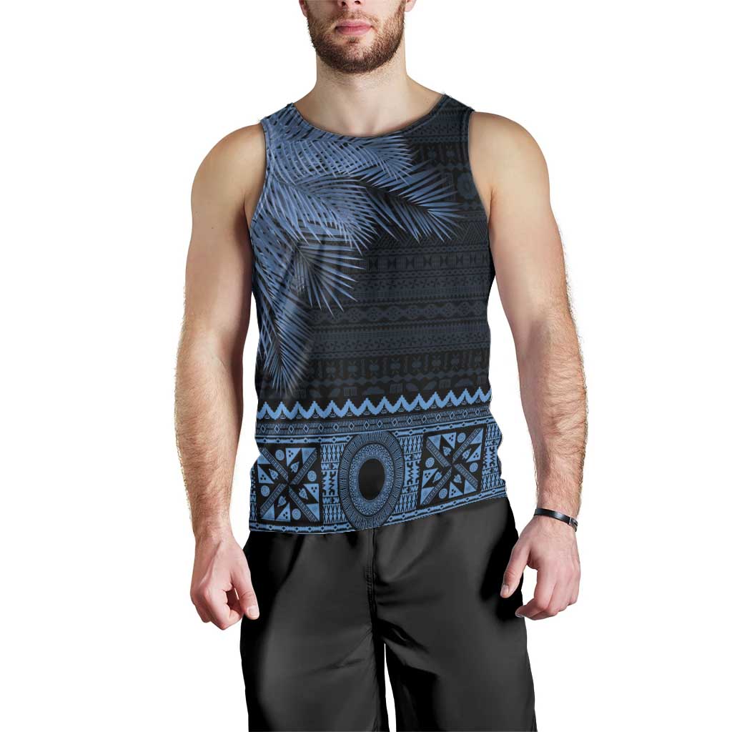 Fiji Palm Leaves Men Tank Top Masi and Tapa Tribal Pattern Blue Color