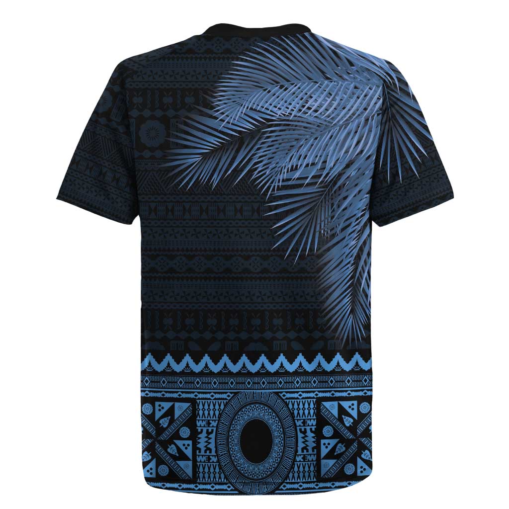 Fiji Palm Leaves Rugby Jersey Masi and Tapa Tribal Pattern Blue Color