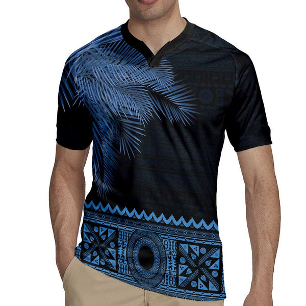 Fiji Palm Leaves Rugby Jersey Masi and Tapa Tribal Pattern Blue Color LT03