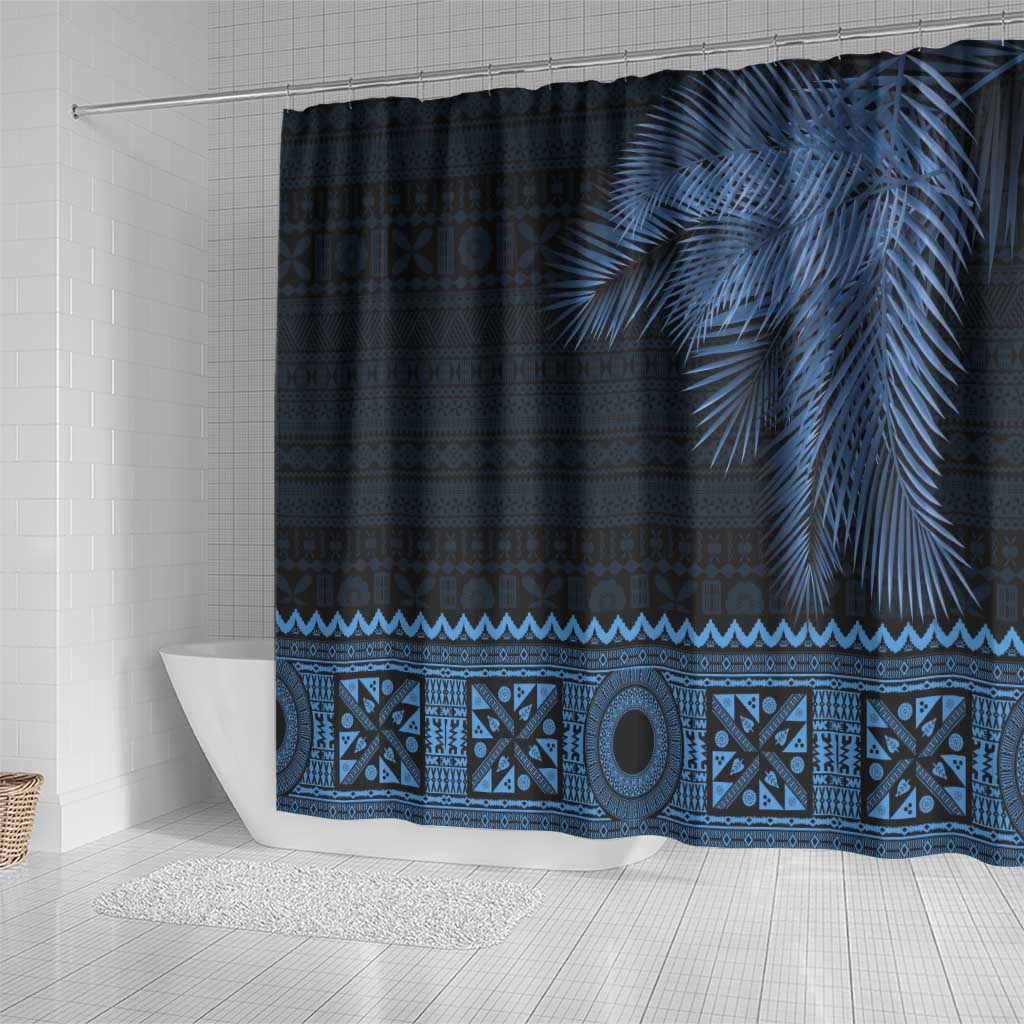 Fiji Palm Leaves Shower Curtain Masi and Tapa Tribal Pattern Blue Color