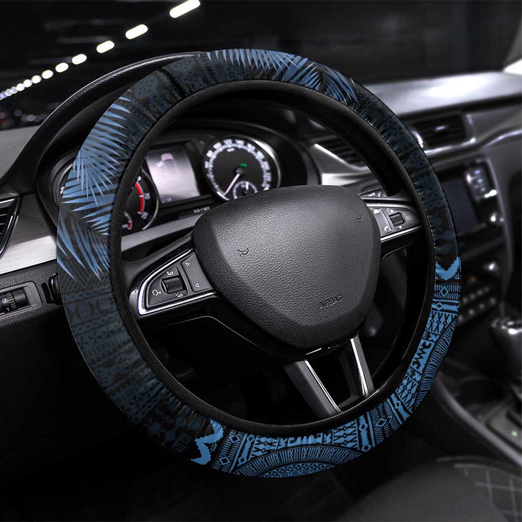 Fiji Palm Leaves Steering Wheel Cover Masi and Tapa Tribal Pattern Blue Color LT03 Universal Fit Blue - Polynesian Pride