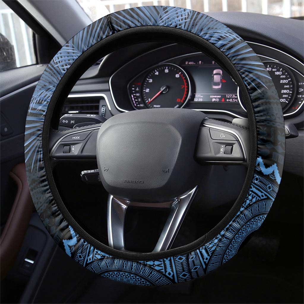 Fiji Palm Leaves Steering Wheel Cover Masi and Tapa Tribal Pattern Blue Color LT03 - Polynesian Pride