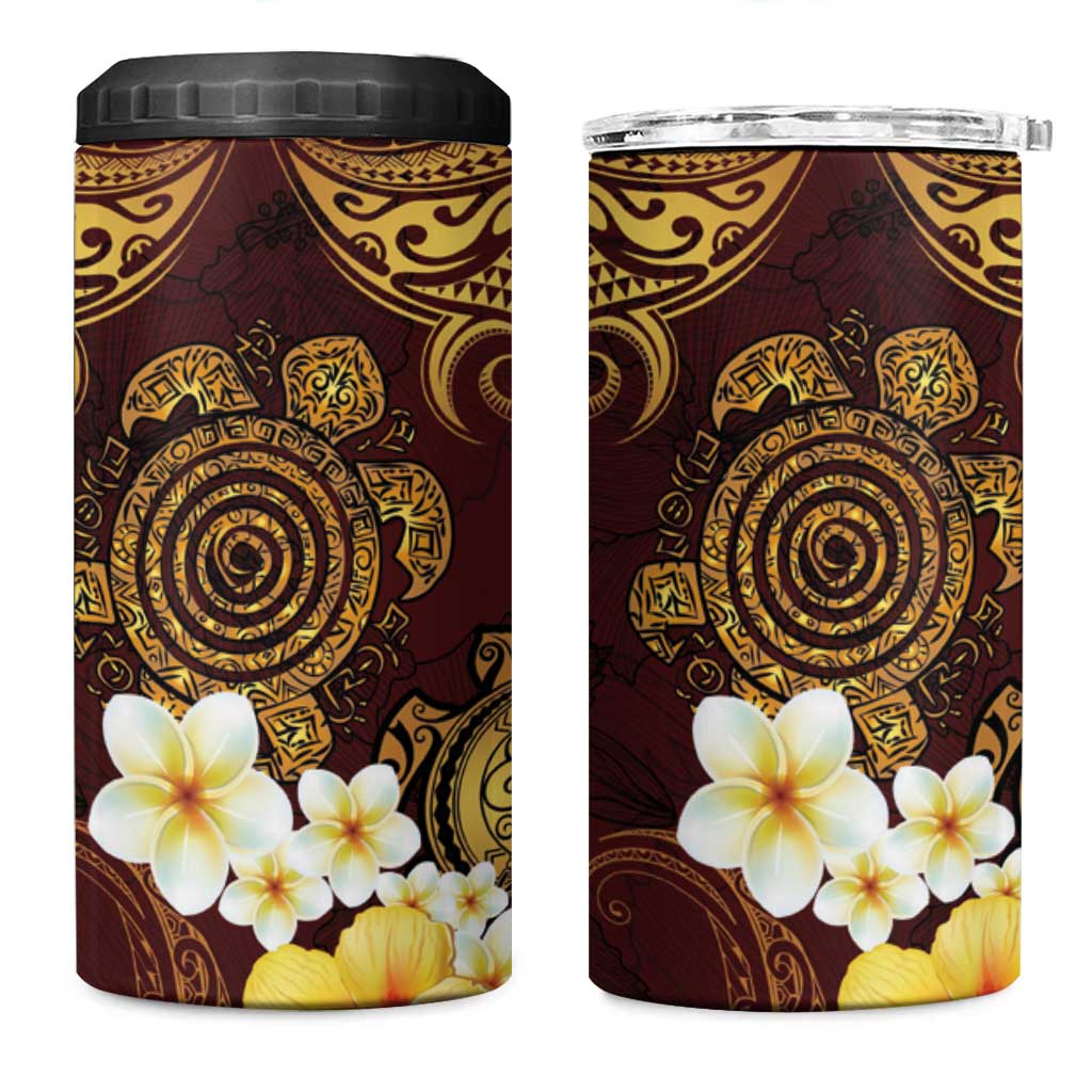 Polynesian Turtle 4 in 1 Can Cooler Tumbler Plumeria Hibiscus Pattern Oxblood