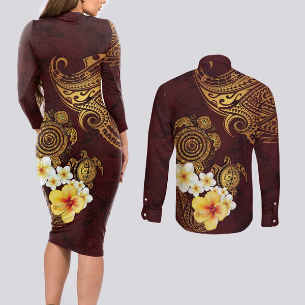 Polynesian Pride Off The Shoulder Long Sleeve Dress Turtle Hibiscus Luxury Style - Beige LT7