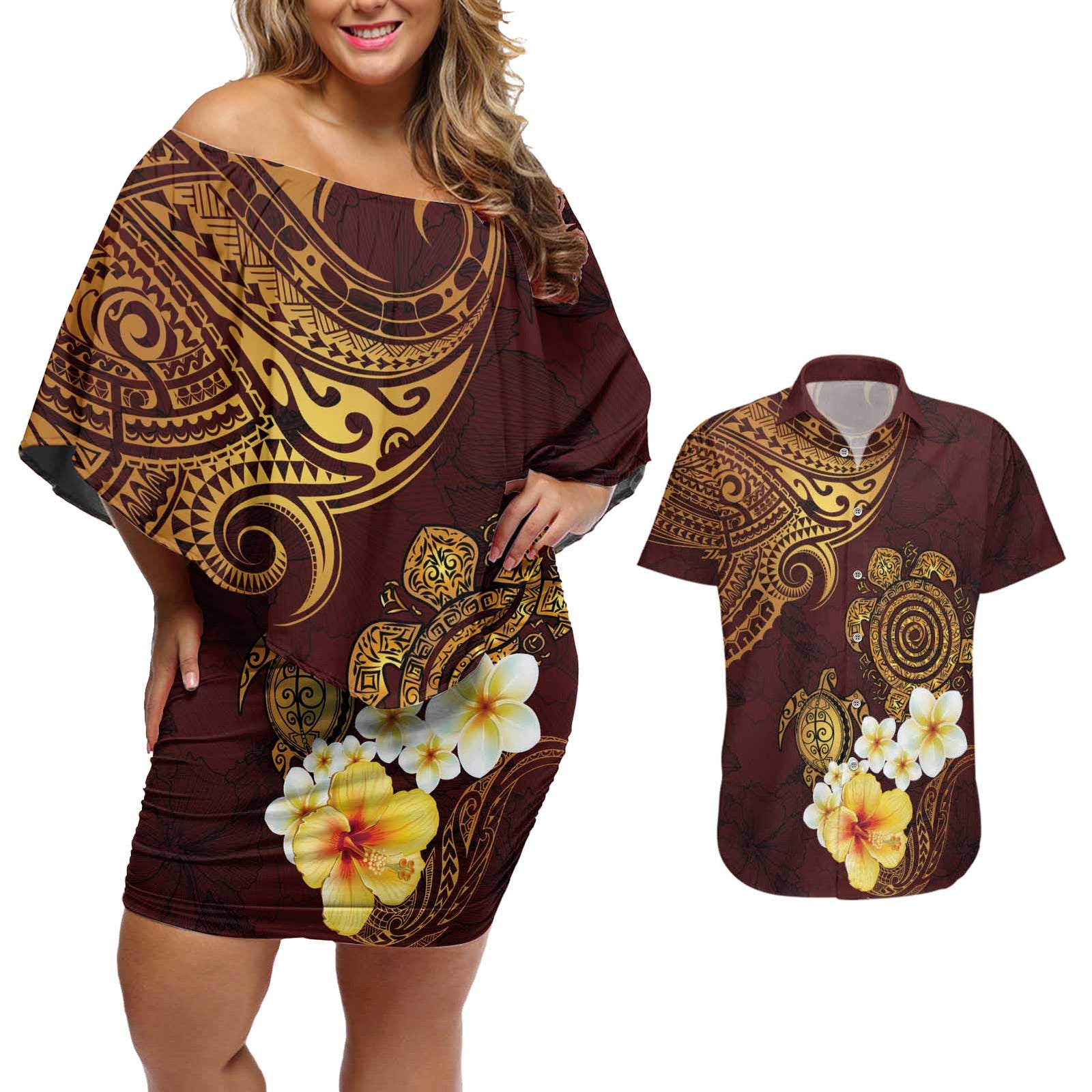 Polynesian Turtle Couples Matching Off Shoulder Short Dress and Hawaiian Shirt Plumeria Hibiscus Pattern Oxblood LT03 Oxblood - Polynesian Pride
