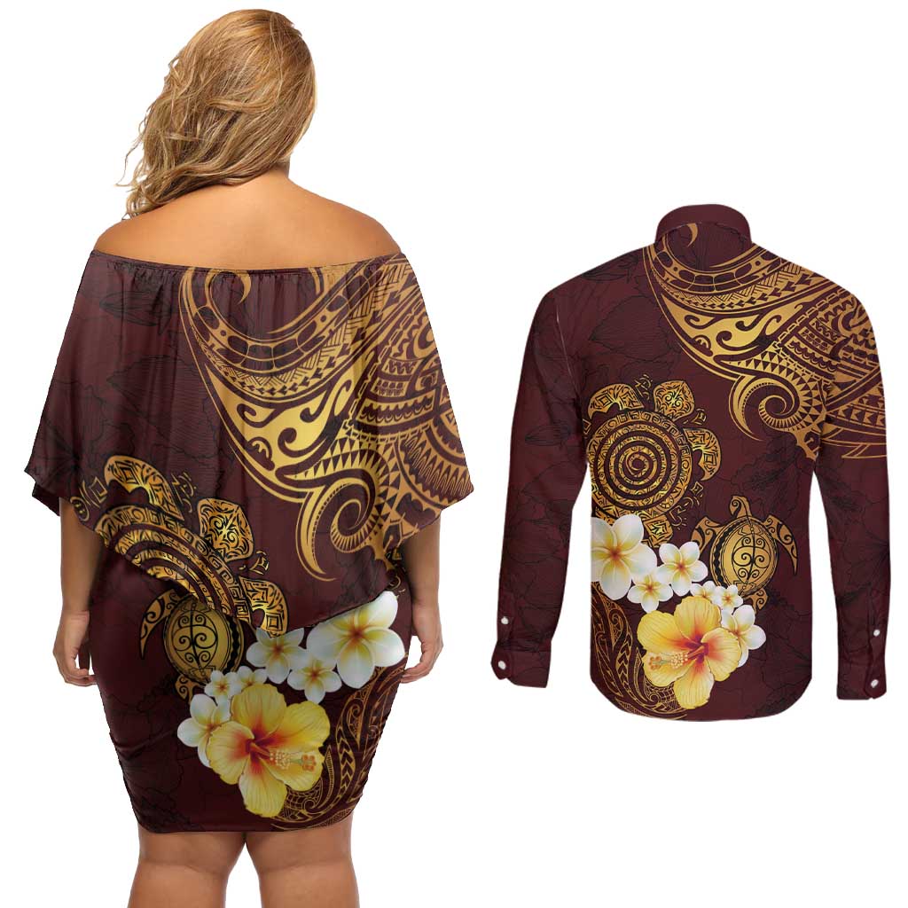 Polynesian Turtle Couples Matching Off Shoulder Short Dress and Long Sleeve Button Shirt Plumeria Hibiscus Pattern Oxblood