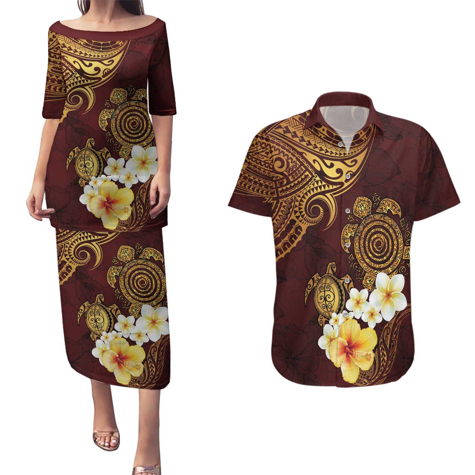 Polynesian Turtle Couples Matching Puletasi and Hawaiian Shirt Plumeria Hibiscus Pattern Oxblood LT03 Oxblood - Polynesian Pride