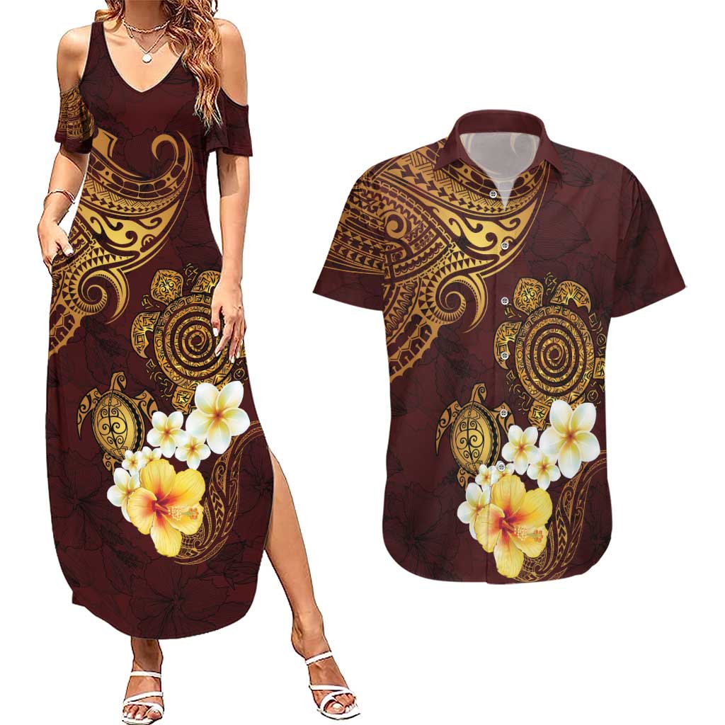 Polynesian Turtle Couples Matching Summer Maxi Dress and Hawaiian Shirt Plumeria Hibiscus Pattern Oxblood LT03 Oxblood - Polynesian Pride
