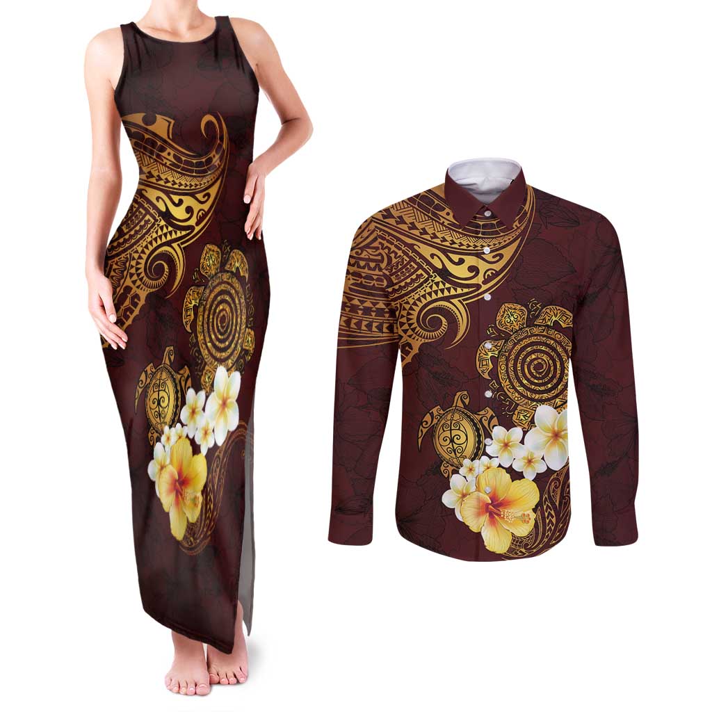 Polynesian Turtle Couples Matching Tank Maxi Dress and Long Sleeve Button Shirt Plumeria Hibiscus Pattern Oxblood LT03 Oxblood - Polynesian Pride