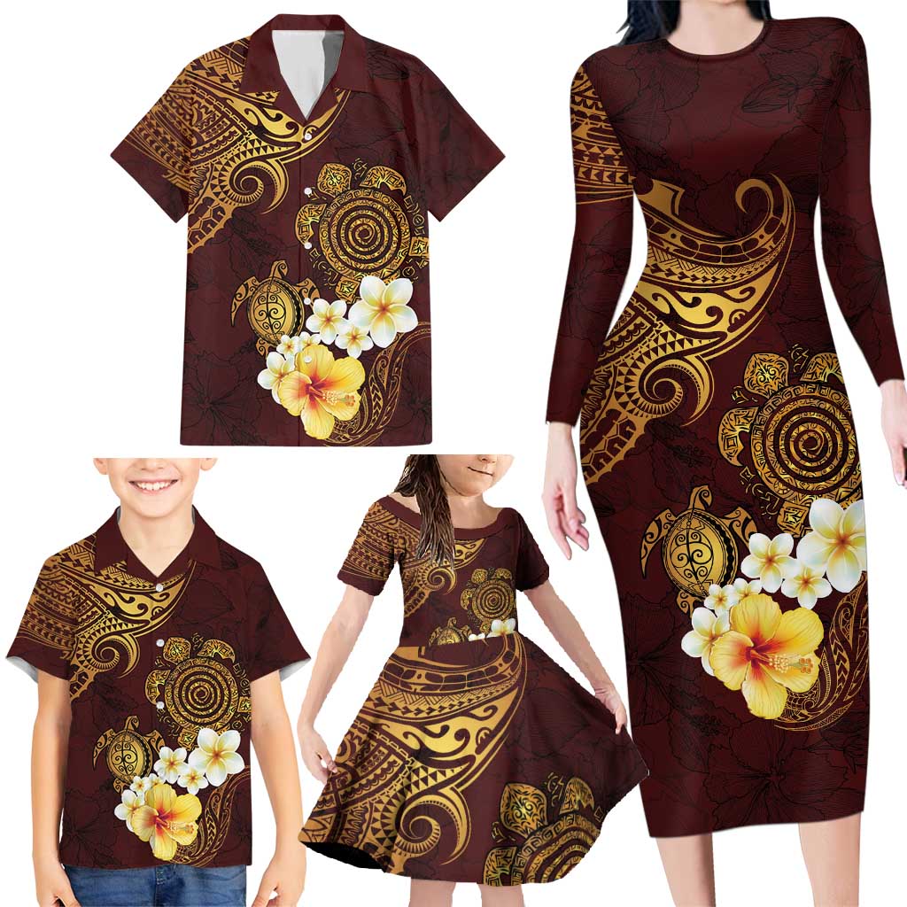 Polynesian Turtle Family Matching Long Sleeve Bodycon Dress and Hawaiian Shirt Plumeria Hibiscus Pattern Oxblood LT03 - Polynesian Pride
