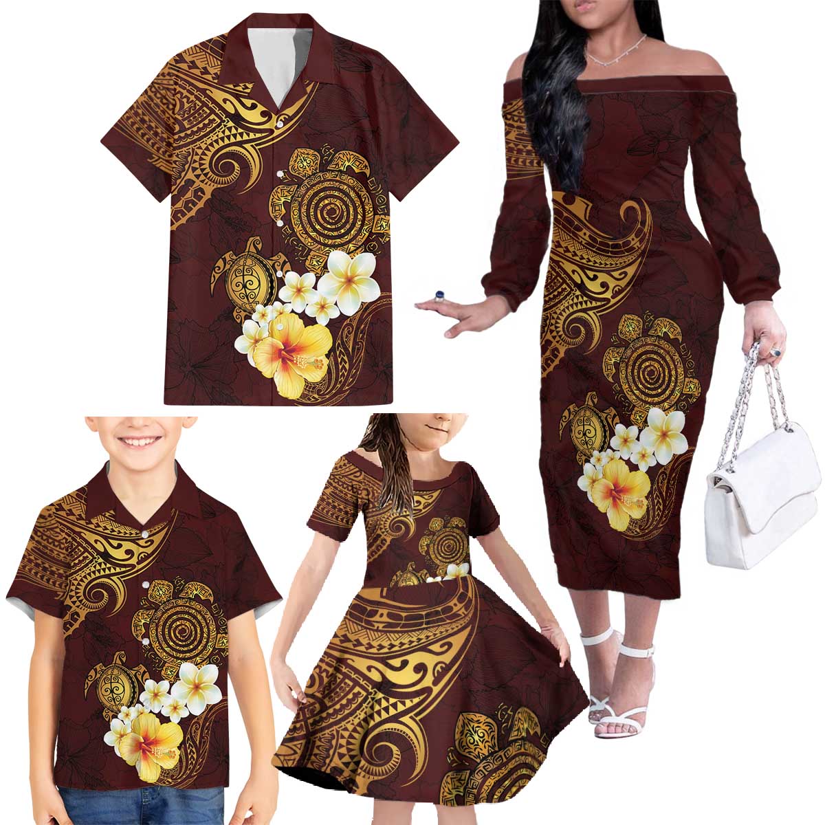 Polynesian Turtle Family Matching Off The Shoulder Long Sleeve Dress and Hawaiian Shirt Plumeria Hibiscus Pattern Oxblood LT03 - Polynesian Pride